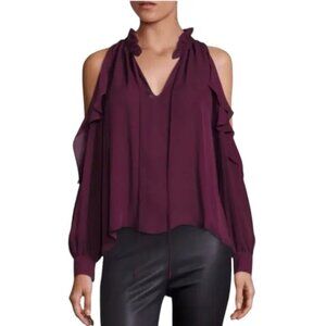 Parker Marjorie Silk Ruffles Boho Balloon Sleeves Shoulder Blouse Top V Neck S